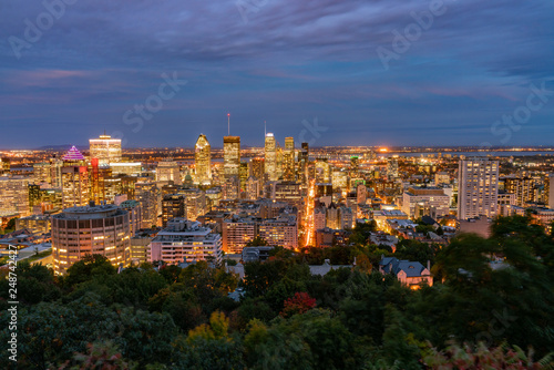 Aerial night view of Montreal downtown cityscape from Royal Mountain