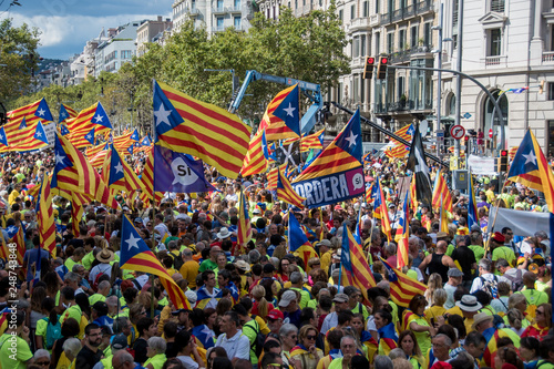 People wave 'Esteladas' (pro-independence Catalan flags) as they gather during a pro-independence demonstration, on September 11, 2017 in Barcelona during the National Day of Catalonia, the 'Diada'.
