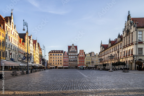 Empty Market Square early in the morning, copy space. Wroclaw, historical old town, Poland.