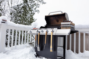 Barbecue cooker with bottled beer and beef meat ready for use in winter time