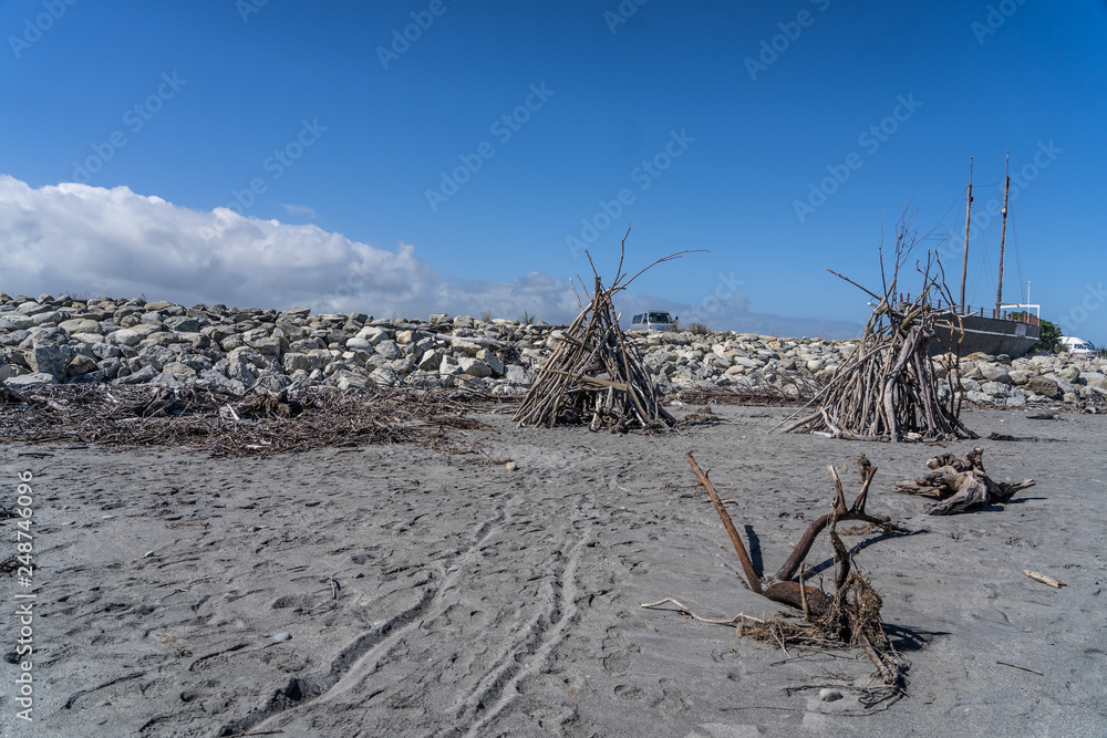 dead wood on the beach of hotikita New Zealand, amazing beach in new zealand, amazing ocean image with beach and waves, old wood on the beach of New Zealand