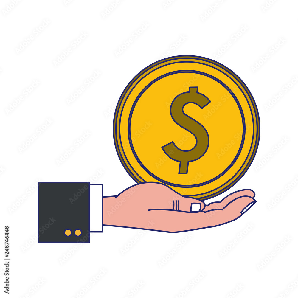 businessman hand holding big coin blue lines businessman hand holding big coin blue lines