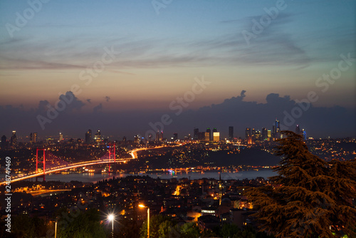 Istanbul panorama, Bosphorus bridge, sunset, lighted night