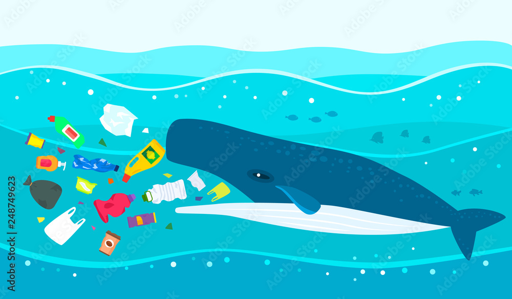 Ecological disaster of plastic garbage in the ocean. A large sperm whale eats plastic trash against a polluted sea.