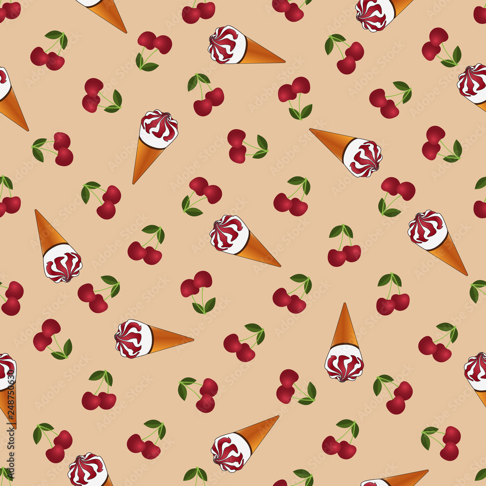 Seamless pattern of ice cream and red cherries. Seamless pattern of ice cream and red cherries.