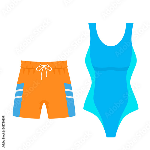 Set of women's swimsuit and men's swimming trunks shorts for swimming. vector illustration isolated