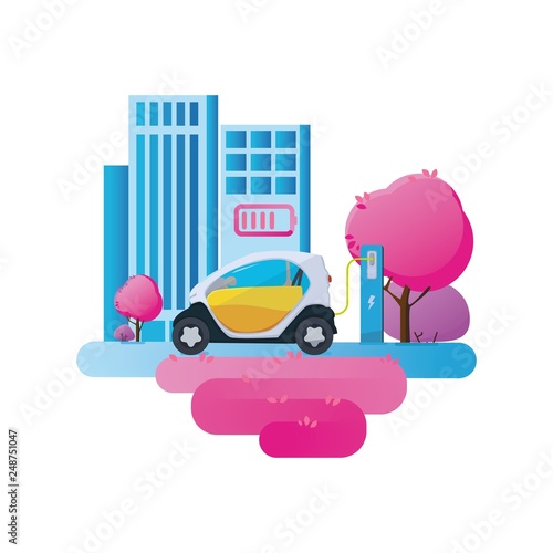 Flat vector illustration of a red electric car charging at the charger station. City skyline in the background. Vector Electric car infographic with icons