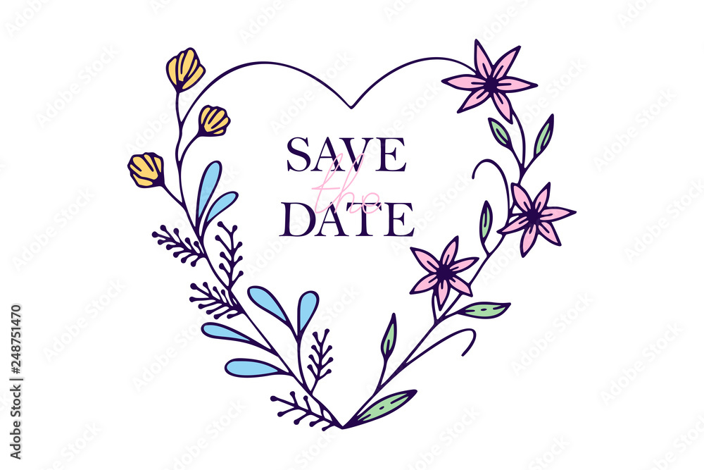 Save the date hand drawn hearts with stylized flowers - vector illustration design for t shirt graphics, fashion prints, slogan tees, stickers, cards, posters and other creative uses