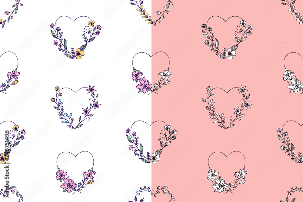 Set of hand drawn seamless pattern with hearts and flowers - vector illustration design for t shirt graphics, fashion prints, slogan tees, stickers, cards, posters and other creative uses Set of hand drawn seamless pattern with hearts and flowers - vector illustration design for t shirt graphics, fashion prints, slogan tees, stickers, cards, posters and other creative uses