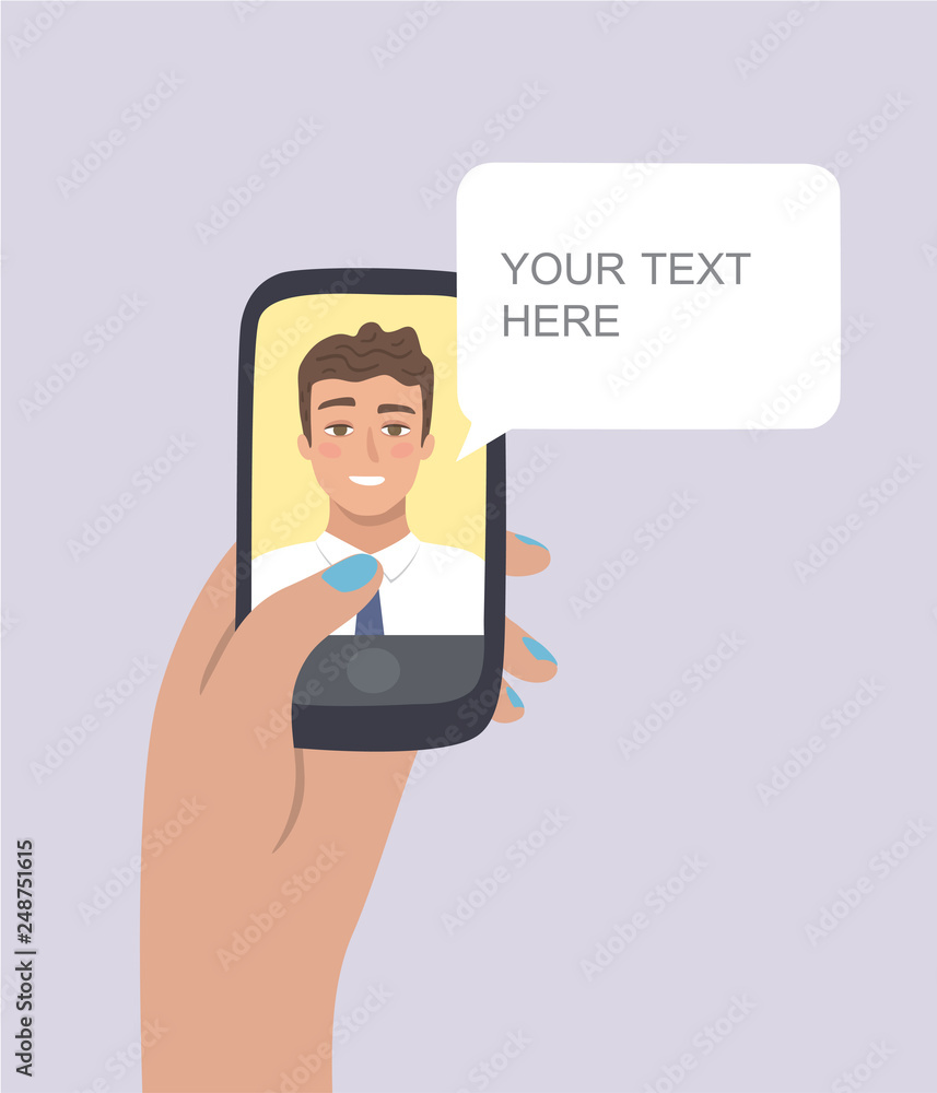 Business video call on smartphone - Online customer service and support with male consultant. Chat robot. Vector illustration. Business video call on smartphone - Online customer service and support with male consultant. Chat robot. Vector illustration.