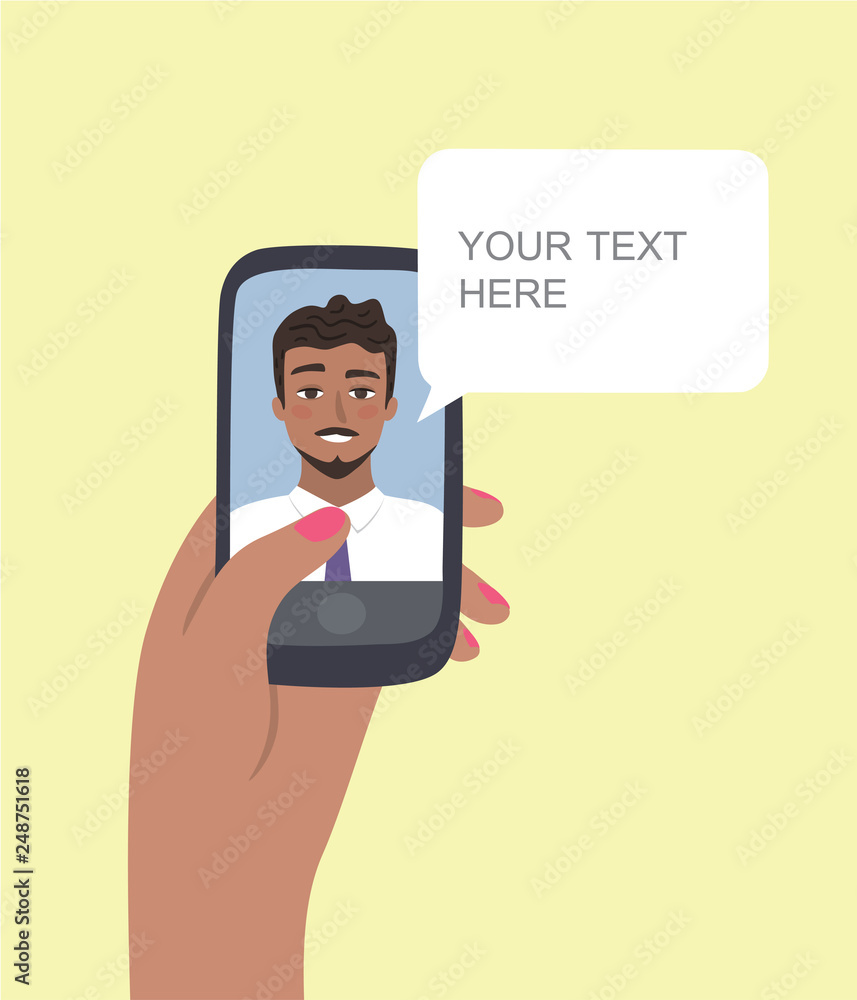 Business video call on smartphone - Online customer service and support with male consultant. Chat robot. Vector illustration.