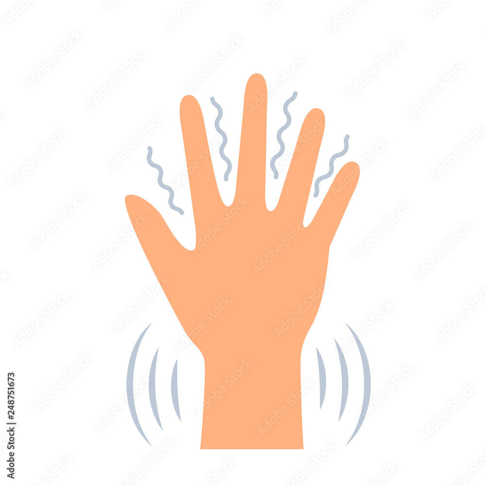 Obraz premium Shivering in the hands of the symptoms of various mental disorders, panic, fear, parkenson's disease. flat vector illustration