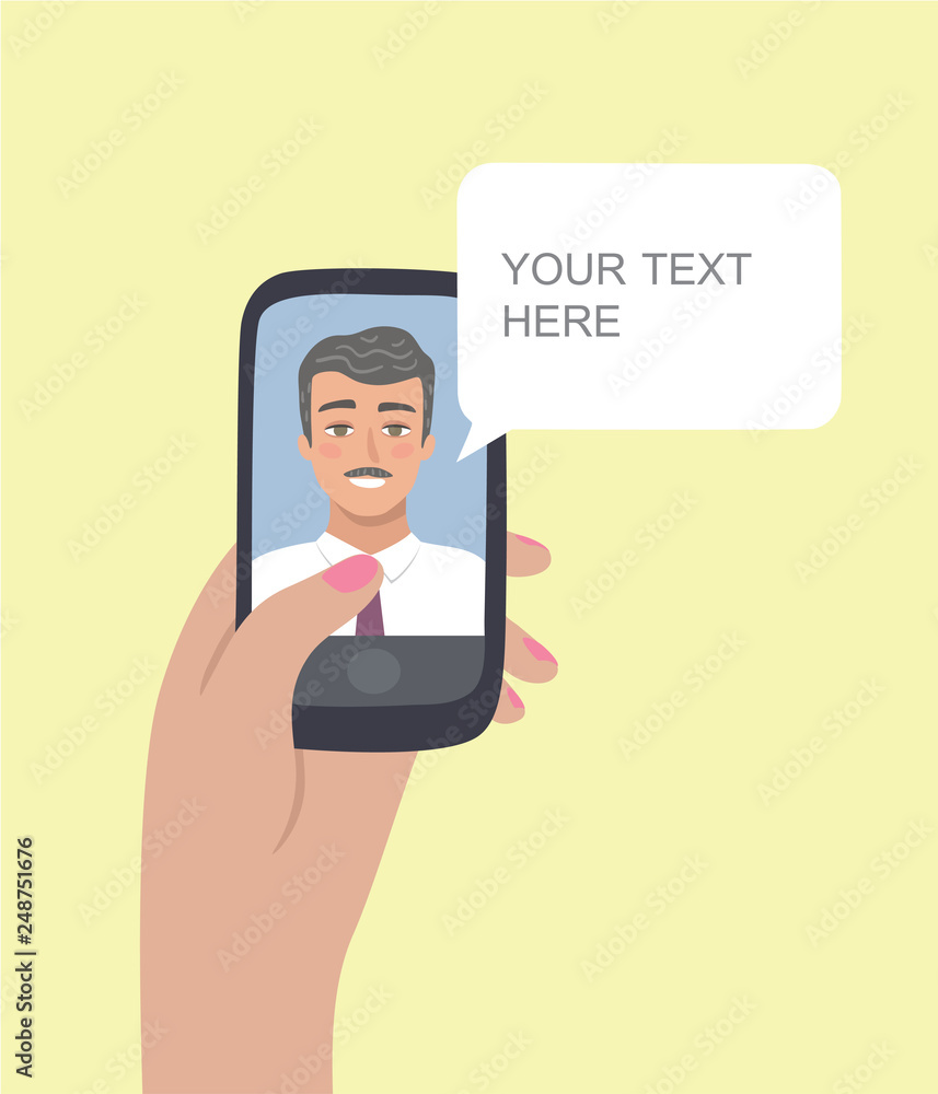 Business video call on smartphone - Online customer service and support with male consultant. Chat robot. Vector illustration. Business video call on smartphone - Online customer service and support with male consultant. Chat robot. Vector illustration.