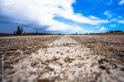 Photography Dividing line on rough surface desolate desert road with cactus and blue sky fro