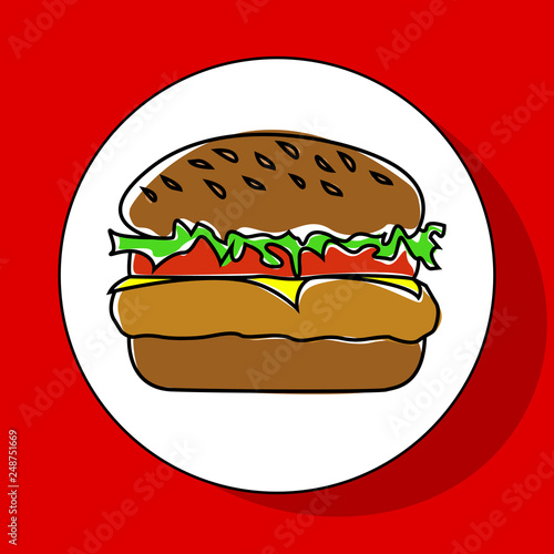 Burger icon on red background. Flat style vector illustration