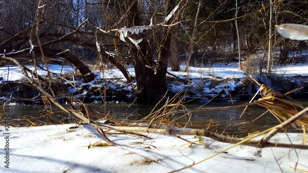 Snowy Bank River in Winter. Cold Water Flowing With Riverside Snow Surrounded By Beautiful Forest. Snowy Bank River in Winter. Cold Water Flowing With Riverside Snow Surrounded By Beautiful Forest.
