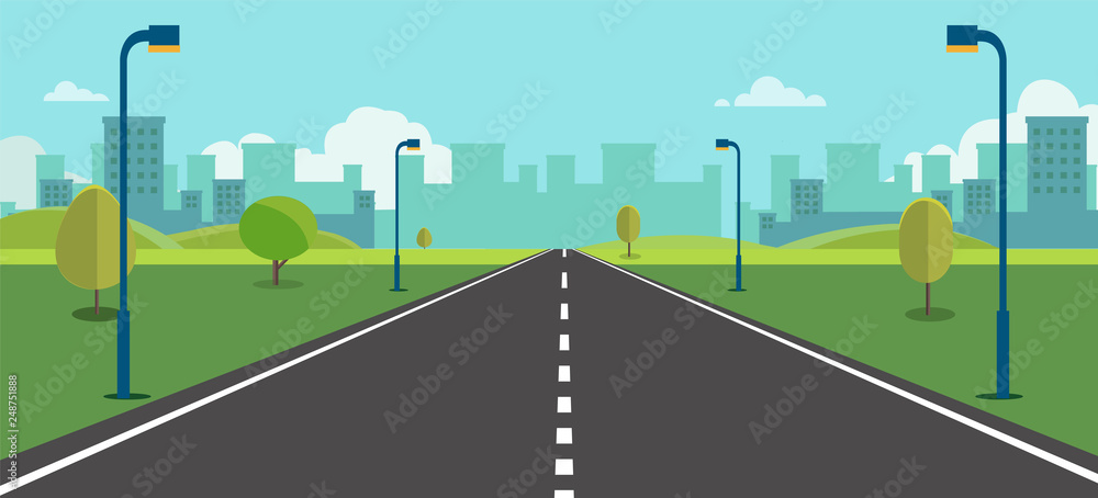 Cityscape scene with road , trees and sky background vector illustration.Main street to town concept.Urban scene with nature background.Beautiful nature landscape. - obrazy, fototapety, plakaty 