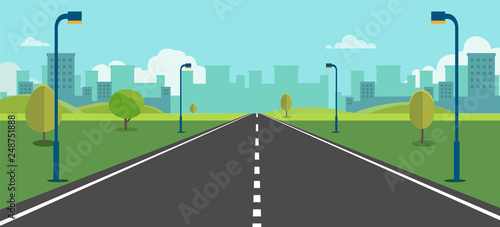 Cityscape scene with road , trees and sky background vector illustration.Main street to town concept.Urban scene with nature background.Beautiful nature landscape.