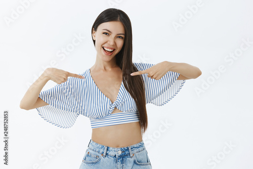 Φωτογραφία Girl bragging about own achievement winning beauty contest pointing at herself p