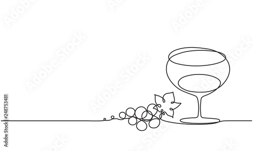 A glass of wine and a bunch of grapes. Drawing by a continuous line