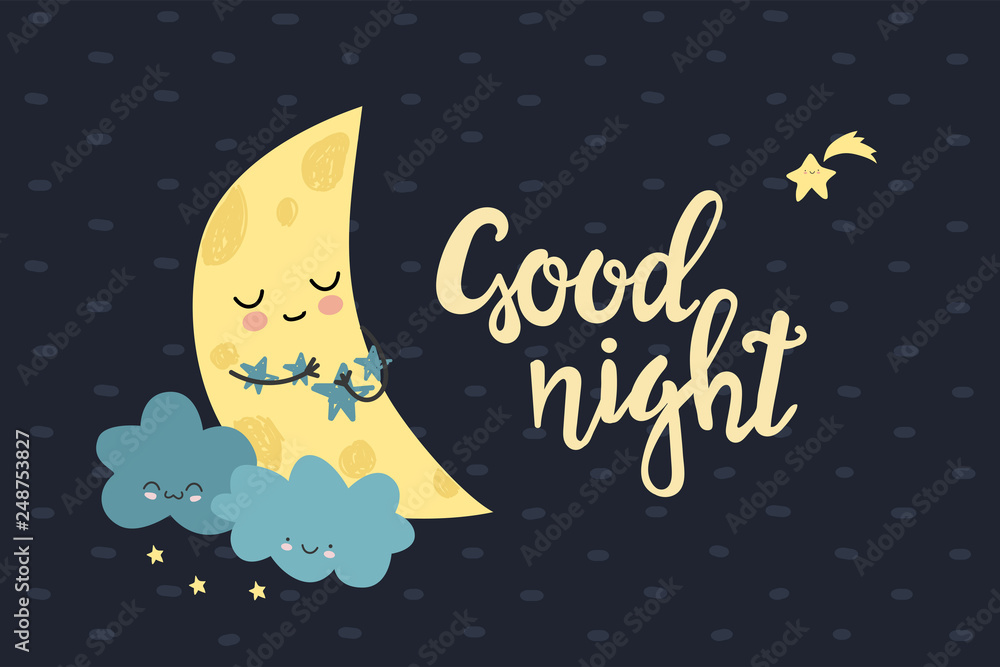 Good Night. Draw seamless pattern background with sky, cloud, emotion, stars, moon, luna and many details. Can use for printing, website, presentation element, textile. Vector illustration.