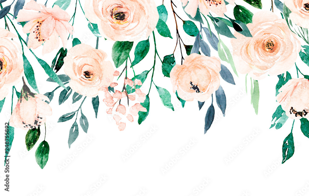 Fototapeta premium Repeating border, drop with watercolor beige flowers, floral bouquet for wedding invitation, greeting card, poster and other print design. Isolated on white background. Hand drawing.
