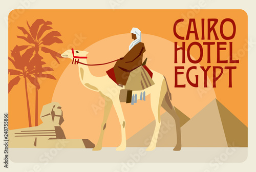 Retro postcard Egypt. A rider on a camel  in the background of a pyramid  a sphinx and palms. Vector graphics