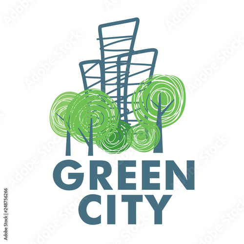 Logo drawn city and green trees. Stylish vector graphics