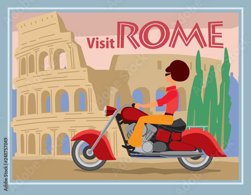 Vintage postcard. A girl in retro clothes and a retro hairdo rides a motorcycle on the background of the Colosseum. Vector graphics