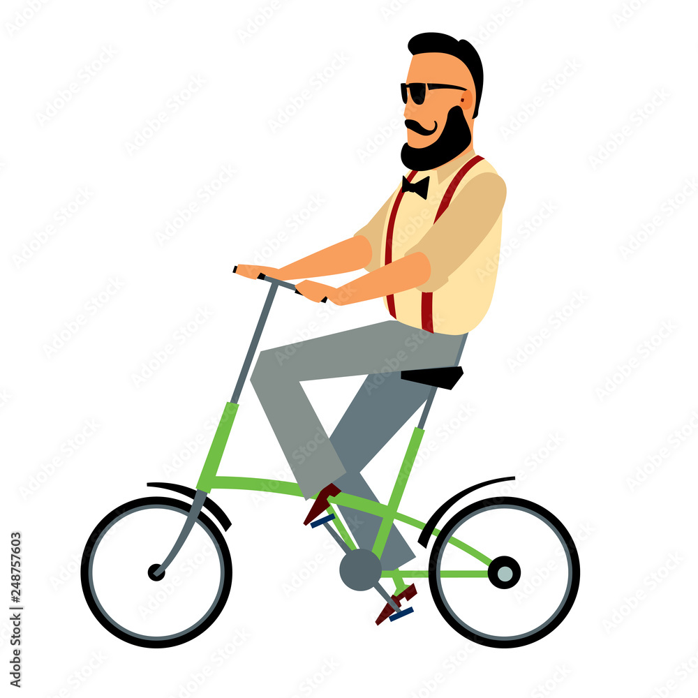 Fashionable male hipster rides a bicycle. Vector graphics. Isolate Fashionable male hipster rides a bicycle. Vector graphics. Isolate