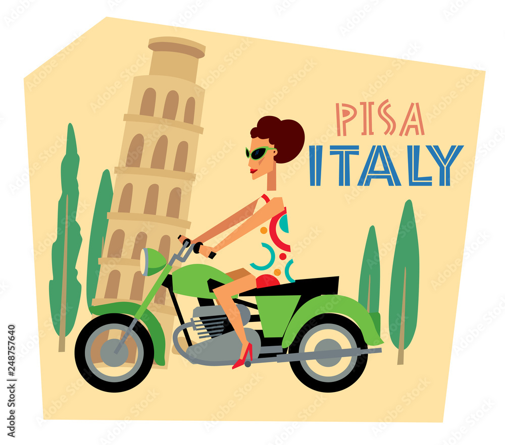 Tourist sticker. Girl in retro dress on a motorcycle on the background of the Leaning Tower of Pisa. Italy. Pisa. Vector graphics