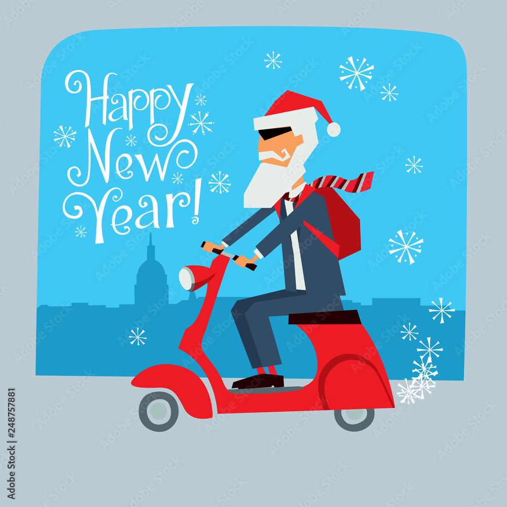 Postcard with the New Year. Santa Claus in a jacket goes on a motor scooter. Vector graphics Postcard with the New Year. Santa Claus in a jacket goes on a motor scooter. Vector graphics