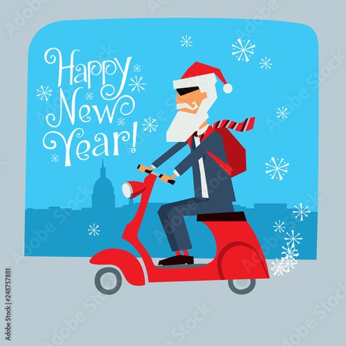Postcard with the New Year. Santa Claus in a jacket goes on a motor scooter. Vector graphics