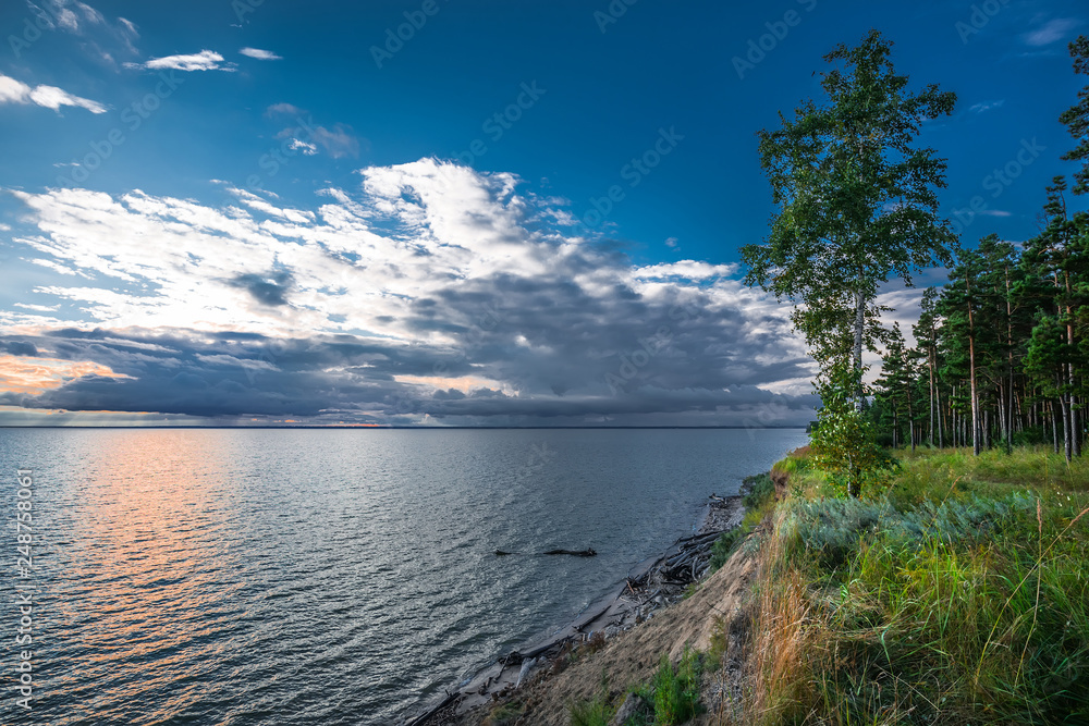 River summer landscape. The coast of Ob of the Novosibirsk reservoir. Siberia, Russia