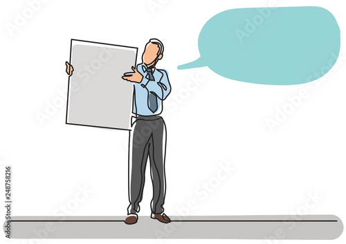 continuous line drawing of business concept - businessman showing at blank board photo