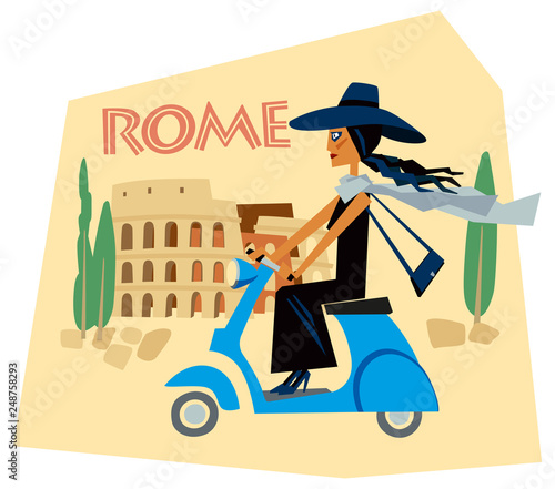 Tourist sticker Rome Italy. A girl in an evening black dress and hat rides a motor scooter against the backdrop of the Collisee. Vector graphics
