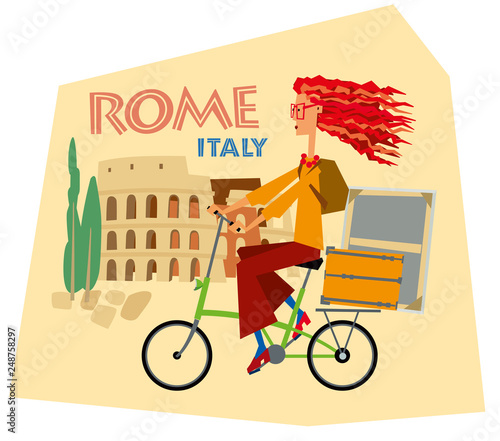 Tourist sticker Rome Italy. Girl artist rides a bicycle against the backdrop of the Collisee. Vector graphics