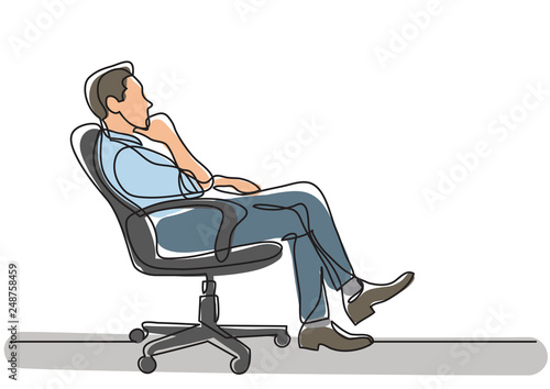 continuous line drawing of business situation - man sitting in office chair thinking