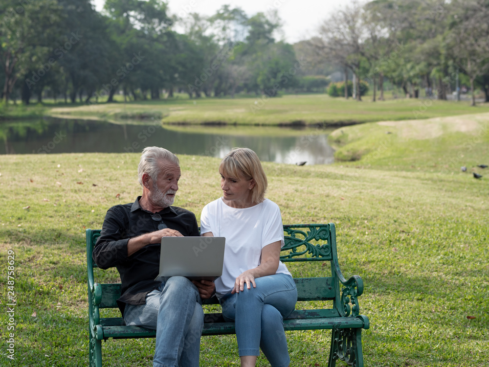 Senior man and woman couple connected on laptop computer in a park on a sunny day. relax in the forest spring summer time. free time, lifestyle retirement grandparents concept. Senior man and woman couple connected on laptop computer in a park on a sunny day. relax in the forest spring summer time. free time, lifestyle retirement grandparents concept.