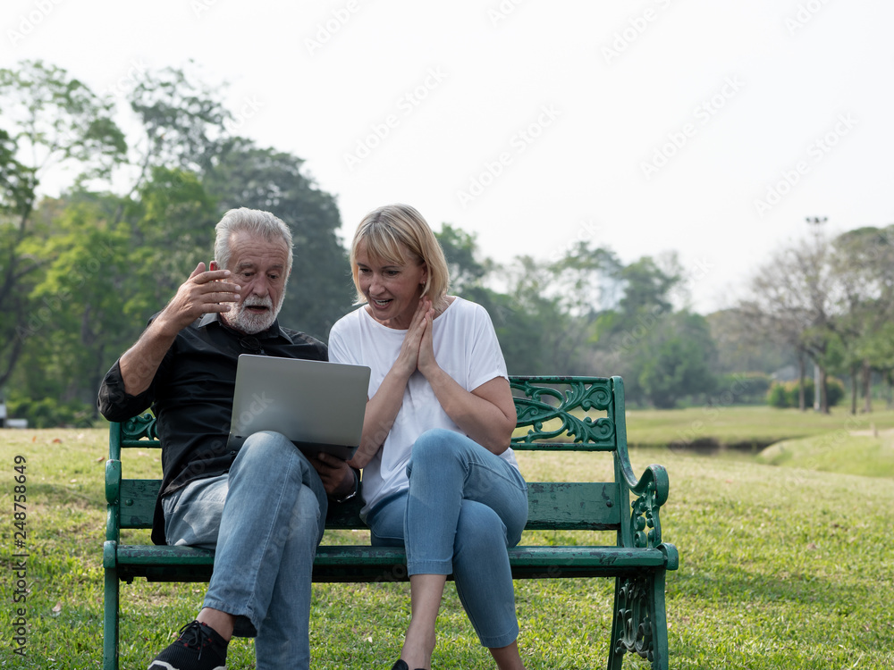 Senior man and woman couple connected on laptop computer in a park on a sunny day. relax in the forest spring summer time. free time, lifestyle retirement grandparents concept. Senior man and woman couple connected on laptop computer in a park on a sunny day. relax in the forest spring summer time. free time, lifestyle retirement grandparents concept.