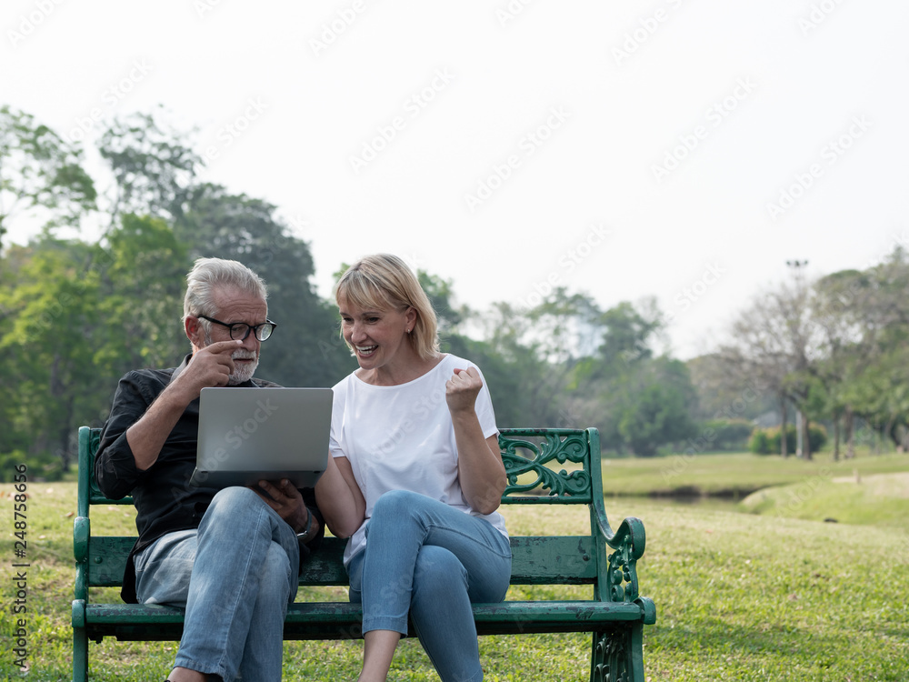Senior couple using a laptop celebrate, success or happy pose in a park on a sunny day. relax in the forest spring summer time. free time, lifestyle retirement grandparents concept. Senior couple using a laptop celebrate, success or happy pose in a park on a sunny day. relax in the forest spring summer time. free time, lifestyle retirement grandparents concept.
