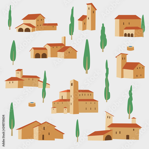 Italian villas and poplars. Seamless pattern. Vector graphics