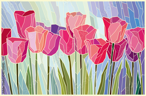 Stained glass painting pink tulips from angular pieces. Vector graphics #248758640