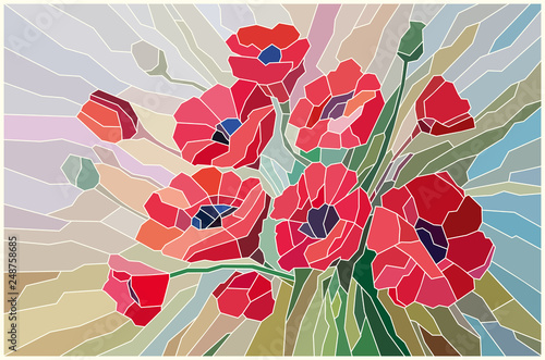 Stained glass scarlet poppies on a beige background. Vector graphics