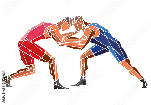 Freestyle wrestling. Two stylized geometric athletes are fighting. Vector shape graphics