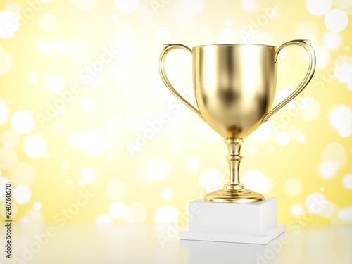 Gold trophy isolated on yellow background. 3d illustration.