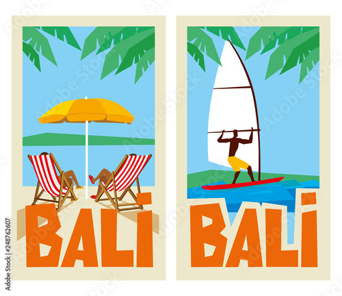 Bali travel stickers. Sun beds under the umbrella and Windsurfing. Vector graphics