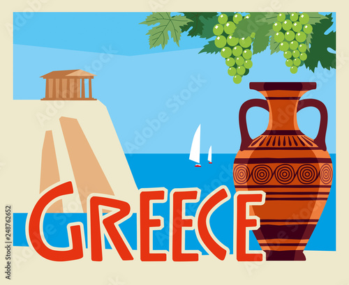 Tourist postcard Greece. Amphora on the background of the Aegean Sea. Vector graphics
