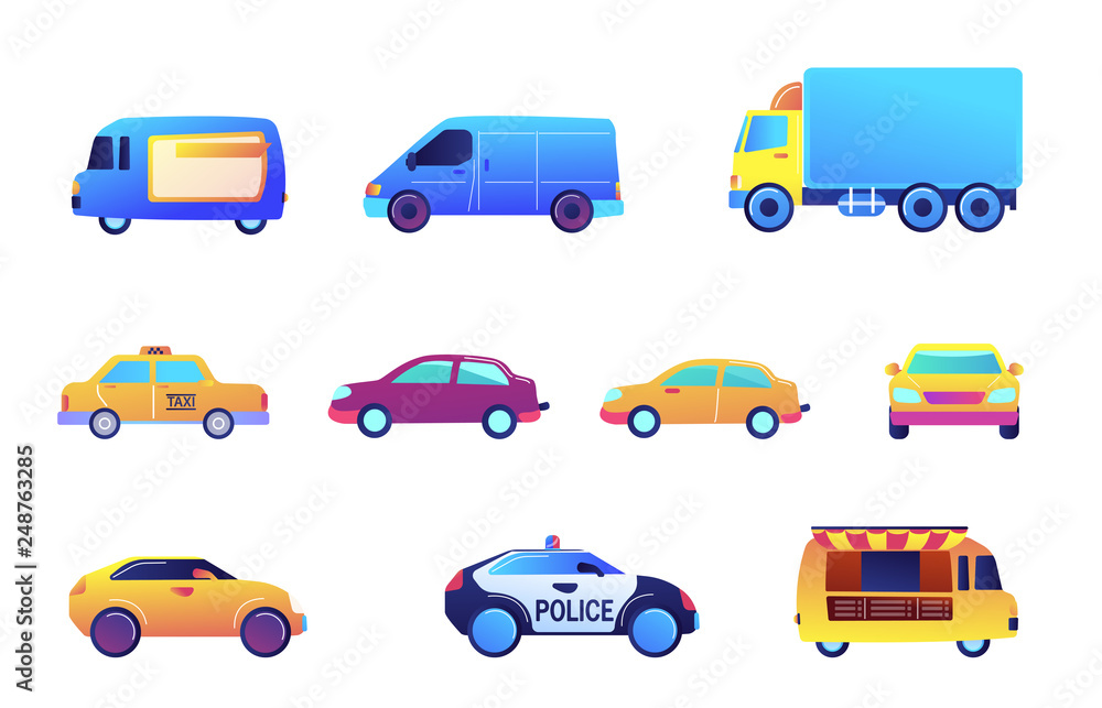 Different cars and delivery vector illustrations set. Transport and food truck, truck and van, taxi and police car concept. Vector illustrations set isolated on white background. Different cars and delivery vector illustrations set. Transport and food truck, truck and van, taxi and police car concept. Vector illustrations set isolated on white background.