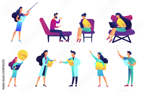 Professional doctors and nurses vector illustrations set. Tiny people medical stuff, medicine professionals, psychotherapist, pharmacist concept. Vector illustrations set isolated on white background.